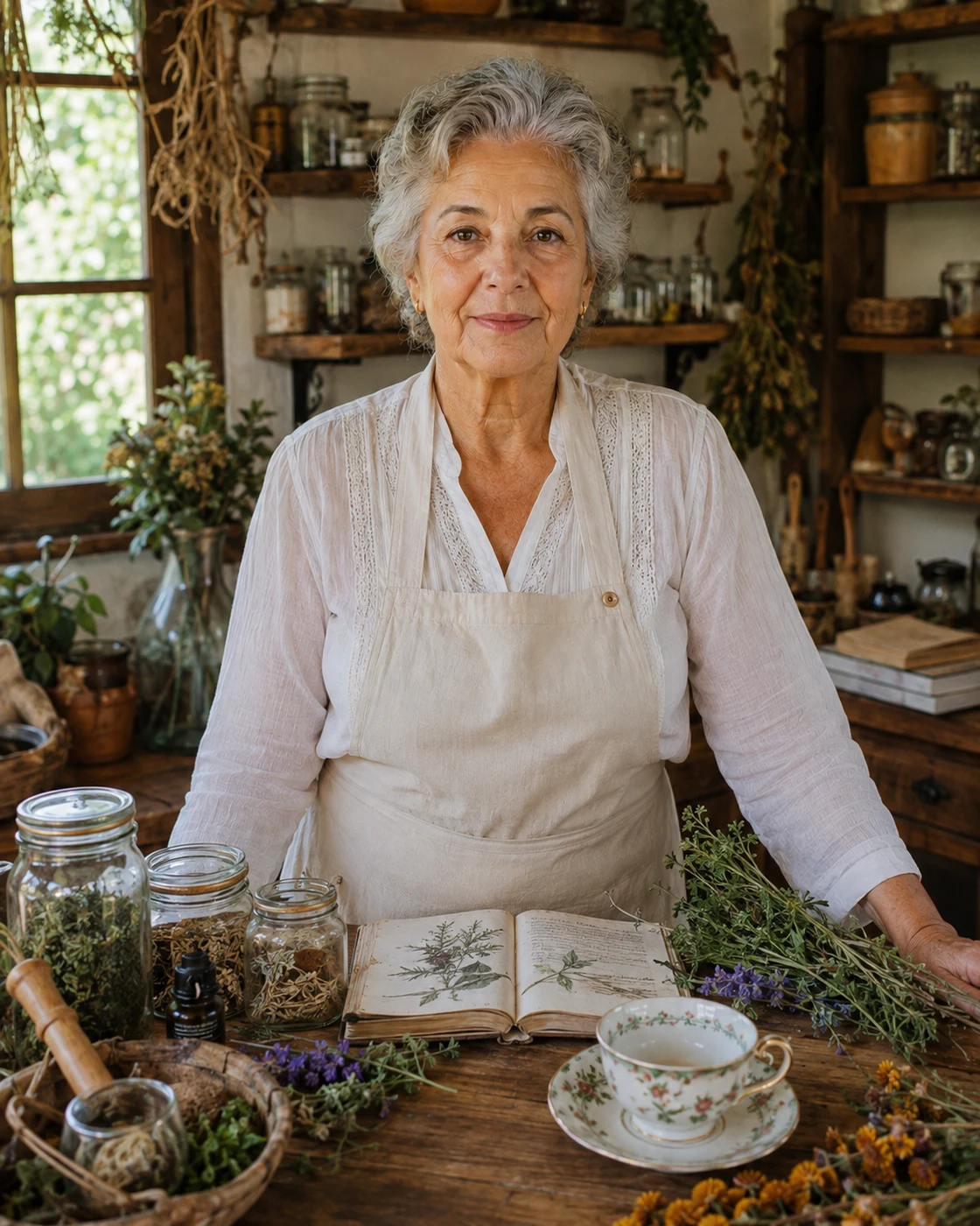 Dona Almerinda em uma cozinha de sítio, atrás de um balcão com alimentos naturais e o livro de receitas