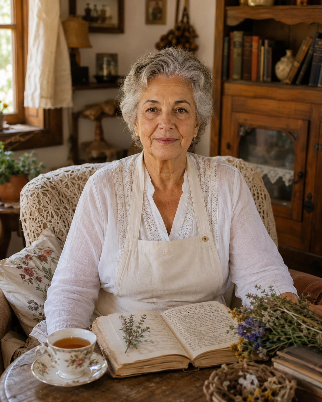Dona Almerinda olhando um livro de receitas na bancada
