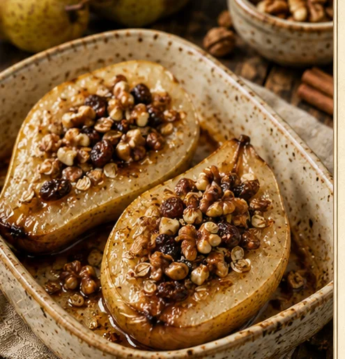 Pera assada com canela e castanhas